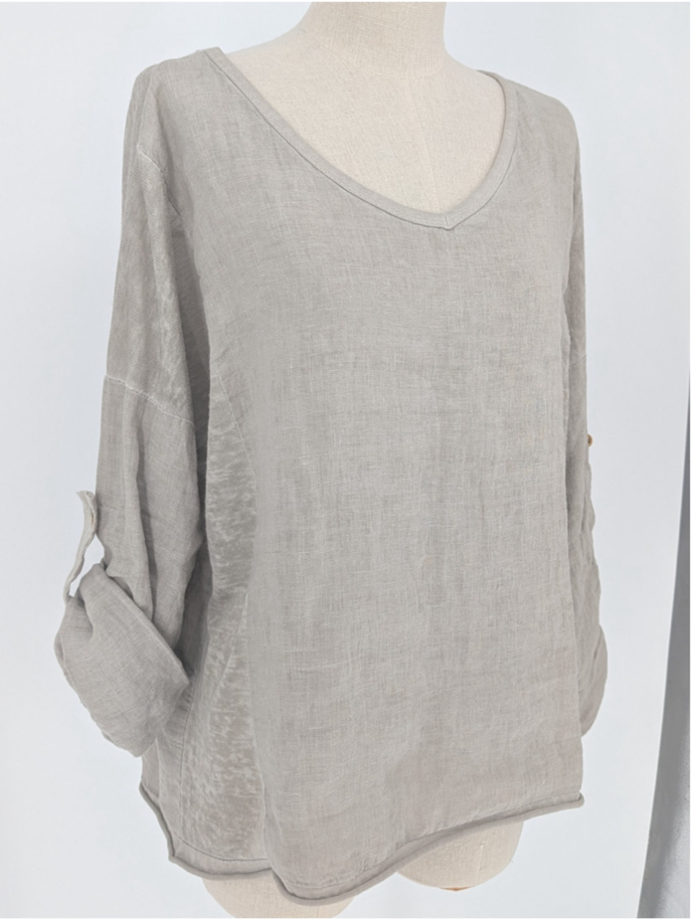 Kaktus 100% Linen Top M Made in Italy Taupe Lagenlook Roll Tab Blouse Coastal